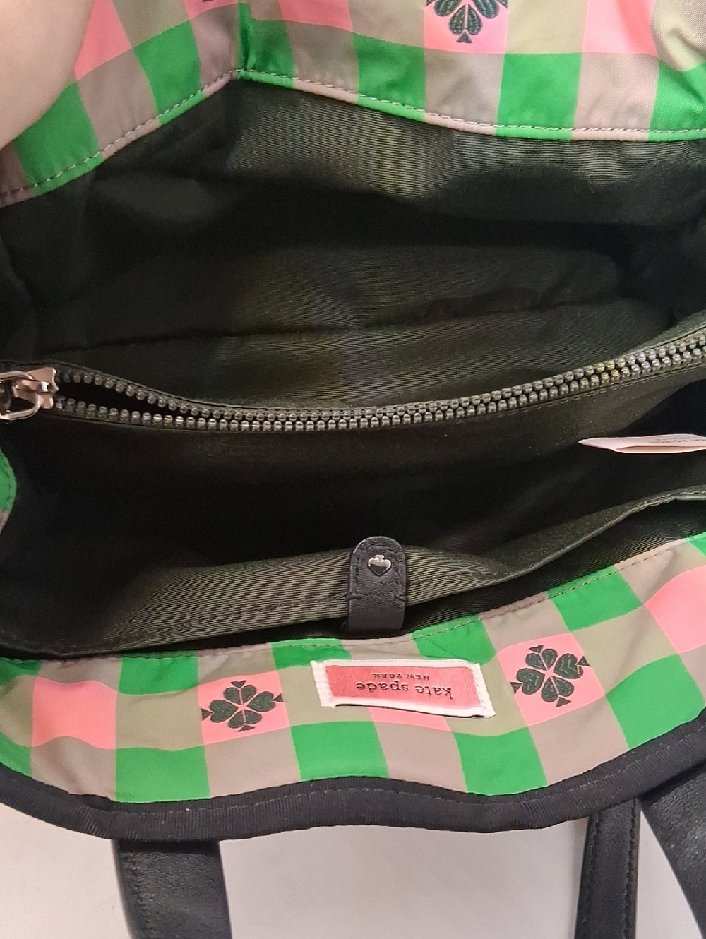 kate spade Pink and Green Check Satchel with Black Trim nwot - Picture 3 of 6